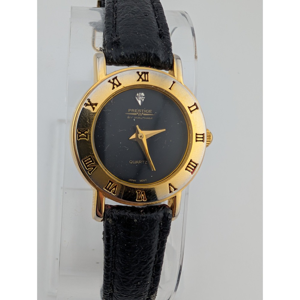 Prestige by Waltham‎ Diamond Dial 25mm Watch Black Leather Band- New Battery